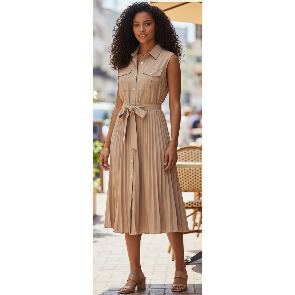 DESIGNER ELIE TAHARI TAN SLEEVELES PLEATED MIDI LENGTH TIE WAIST DRESS MED